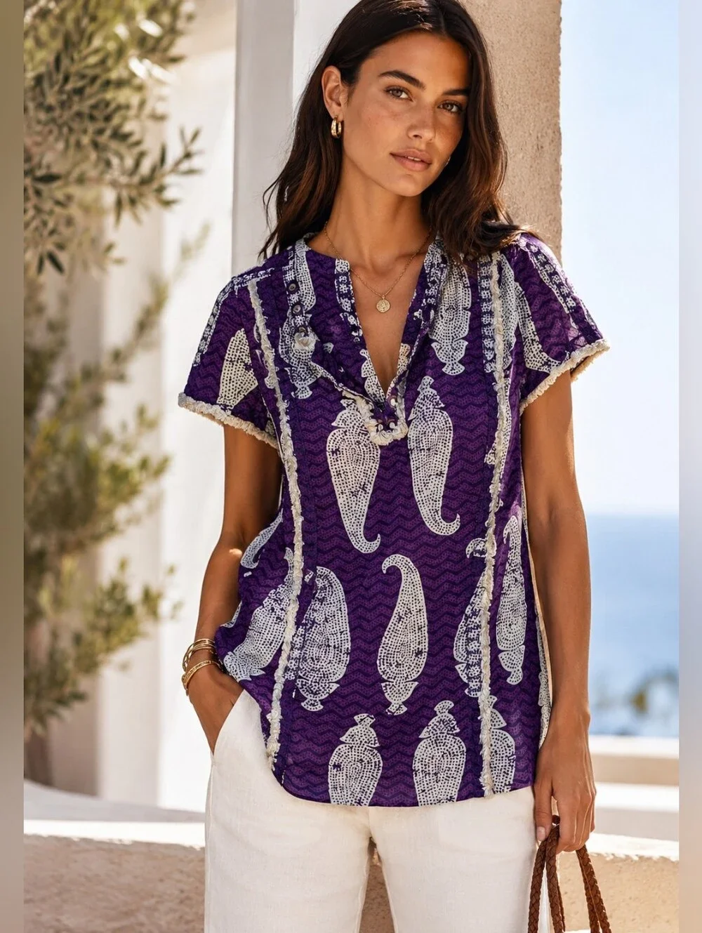 Tory Burch Purple Paisley Print Cotton Tunic Top Mirror Bead Fringe , size 6